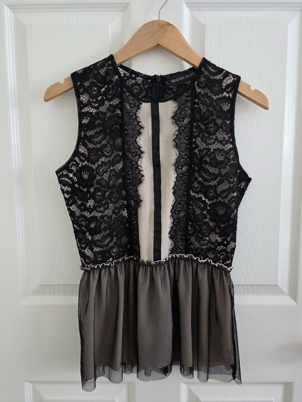 Lace Top With Sheer Tulle Ruffle, Size XS
